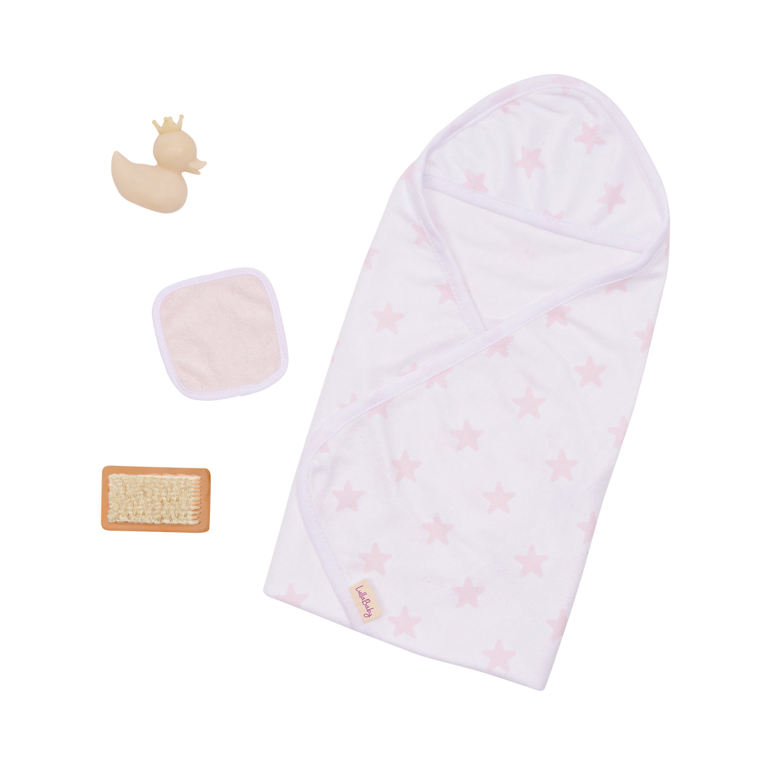 LBY7646-LullaBaby-Doll-Bathtime-Accessories-Set.png Pink Stars Bath Time Outfit Accessory Set &Bath Toys & Hooded Towel - Image 1