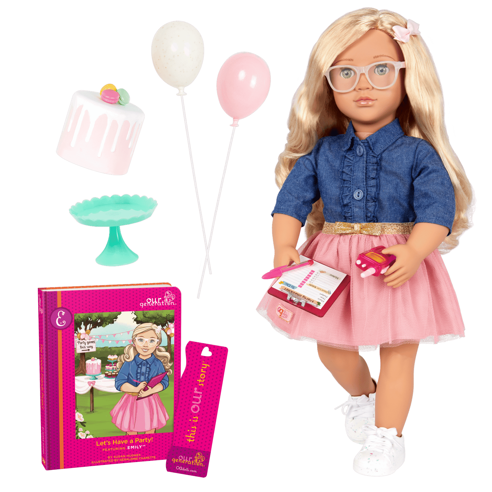 BD31395_Our-Generation-Emily-18-inch-Doll-and-Storybook-MAIN.png Deluxe PartyPlanner Doll w/Boock Emily - Image 1