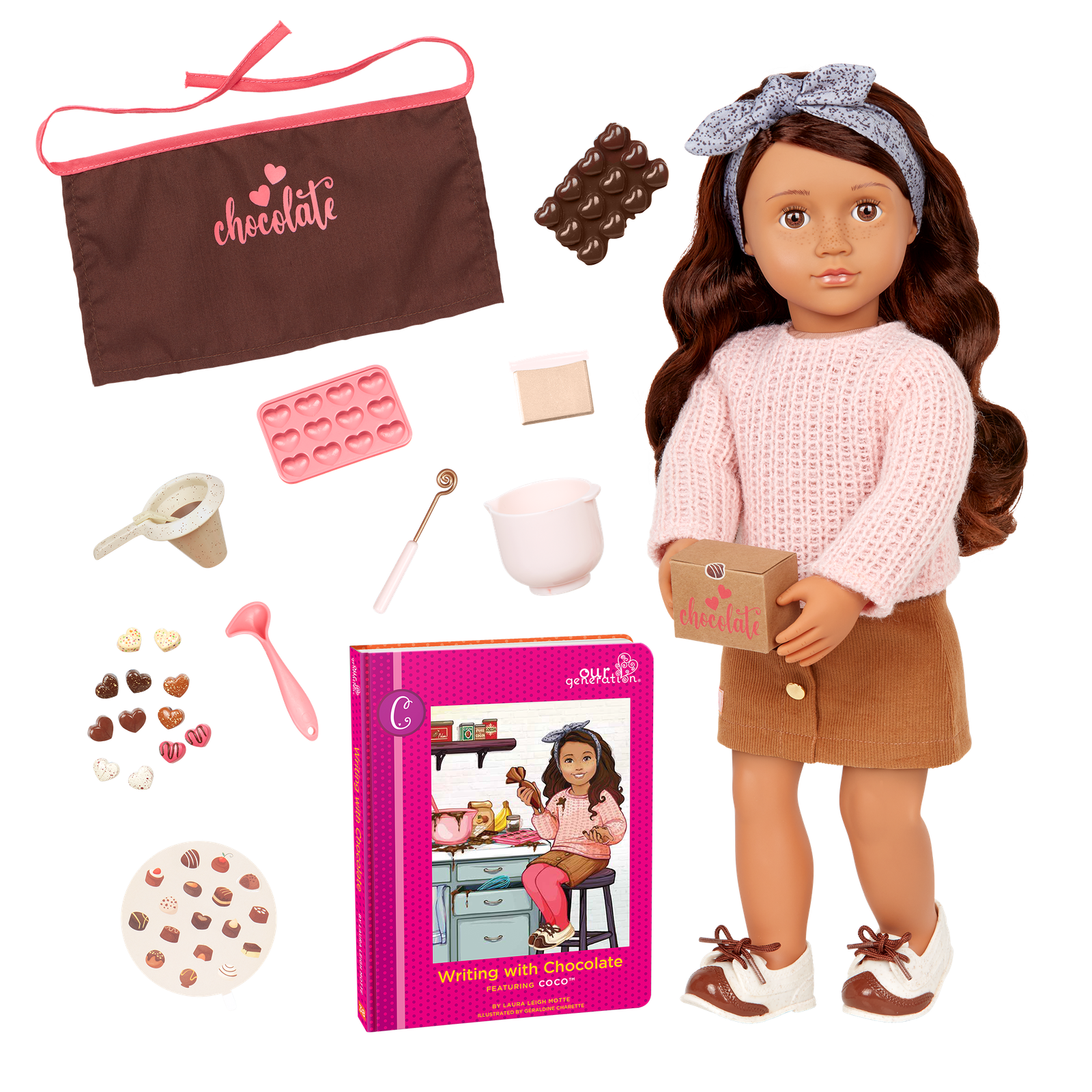 BD31423_Our-Generation-Posable-18-inch-Baker-Doll-Coco-MAIN.png Deluxe Chocolate Doll w/o Book, Coco - Image 1