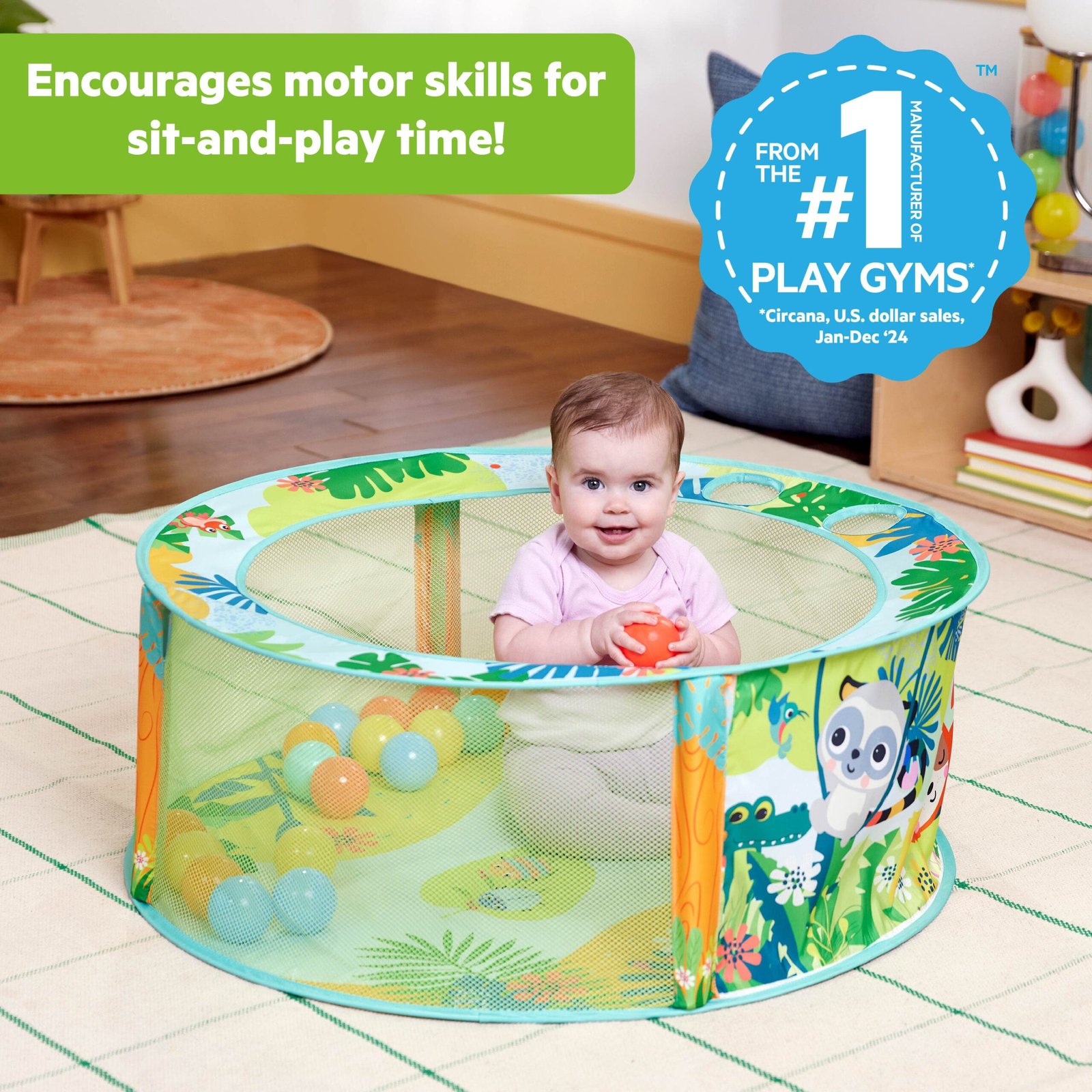 592596536fba0c701ab7f47b230858996df22eff.jpg Bright Starts Rowdy Rainforest Stow & Go Ball Pit with 20 Play Balls - Image 1