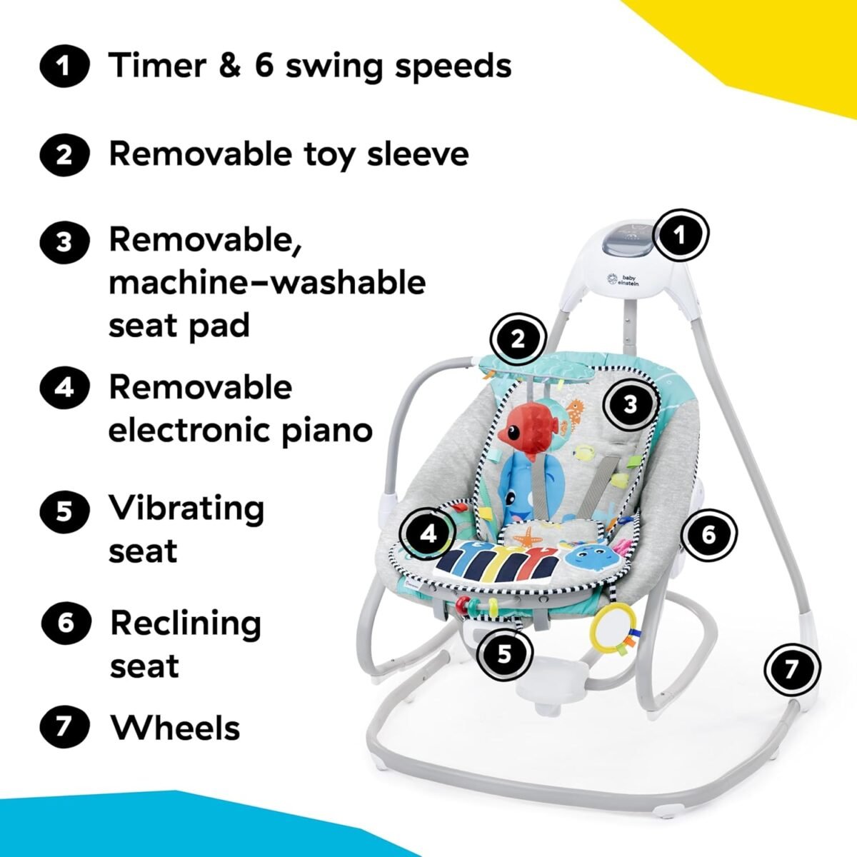 Baby Einstein Ocean Explorers Kick to It 4-in-1 Musical Swing & Rocker with Piano Toy | Ages 0–9 Months - Image 5