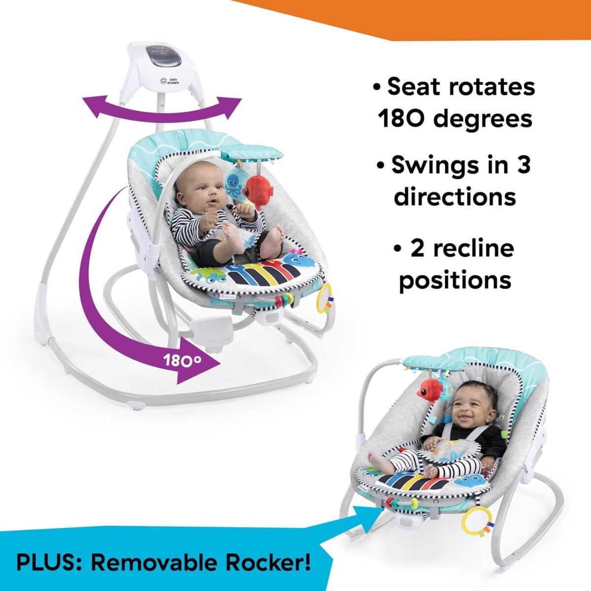 Baby Einstein Ocean Explorers Kick to It 4-in-1 Musical Swing & Rocker with Piano Toy | Ages 0–9 Months - Image 4